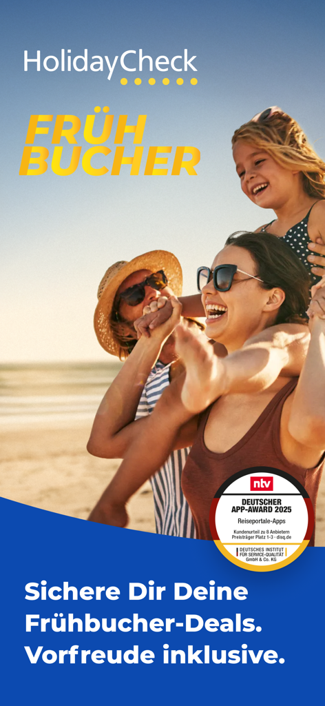 HolidayCheck - Travel & Hotels - Una familia feliz en la playa promocionando ofertas de reserva anticipada en la aplicación HolidayCheck
