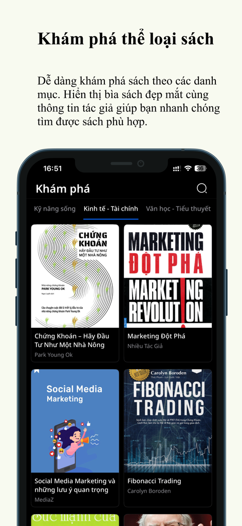 Interfaz de la aplicación VnBuk que muestra una variedad de portadas de libros de negocios y finanzas en vietnamita.