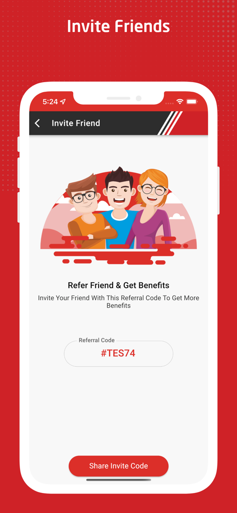 GoFood (PNG) Customer - GoFood PNGモバイルアプリの紹介画面。紹介コードと共有ボタンが表示された友達紹介プログラムが表示されています