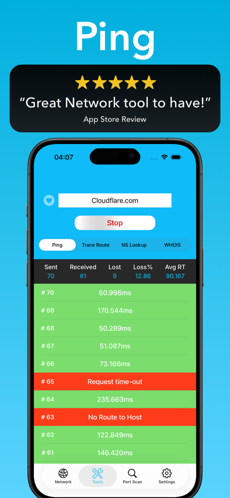 Pingers - Network Tools - Interfaccia dell'app mobile Pingers che visualizza i risultati dei test ping in tempo reale e le statistiche sulla perdita di pacchetti
