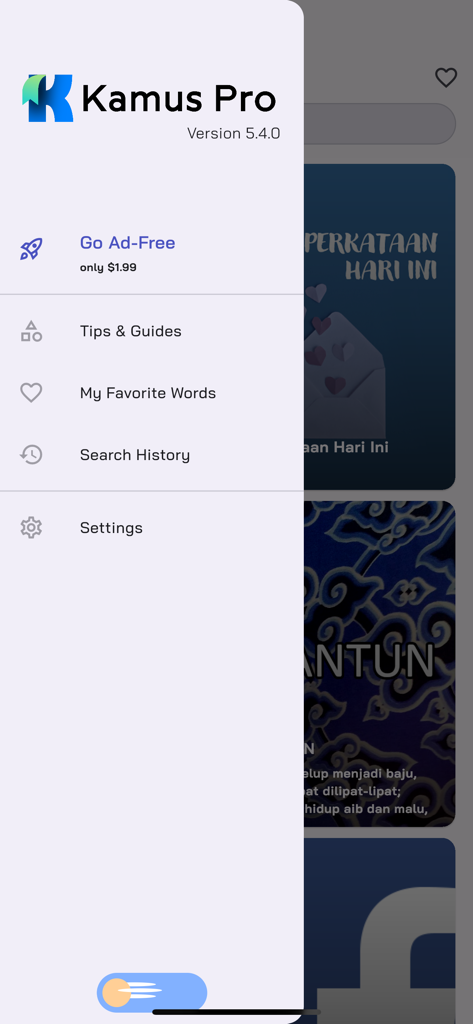 Kamus Pro - Sidebar menu of Kamus Pro app showing options for favorites search history and settings
