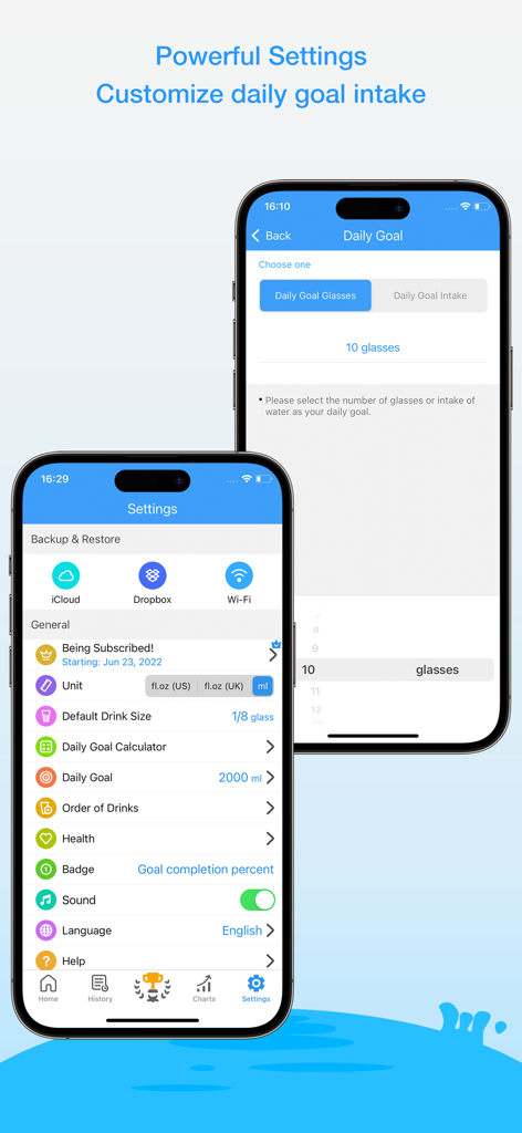 Daily Water Pro - The settings and daily goal selection screens of the Daily Water Pro mobile app.