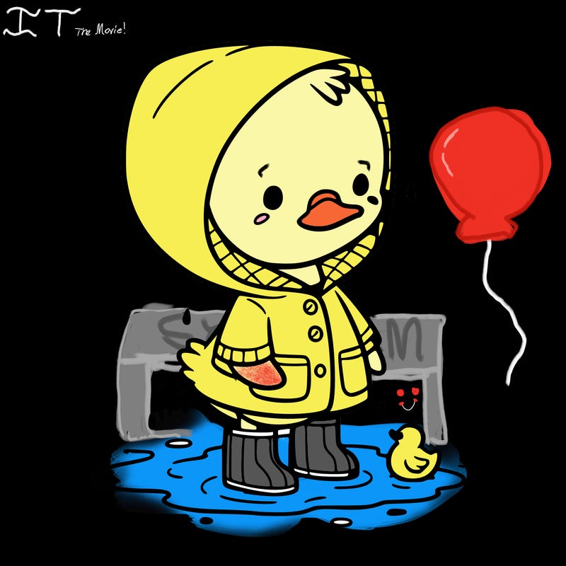 baby duck in a rain coat and boots, in a puddle while it’s raining