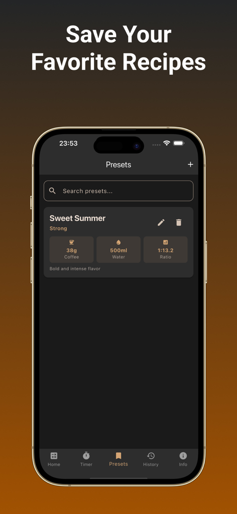 CoffeeDrip - CoffeeDrip app interface showing saved brewing recipes and ratios in dark mode