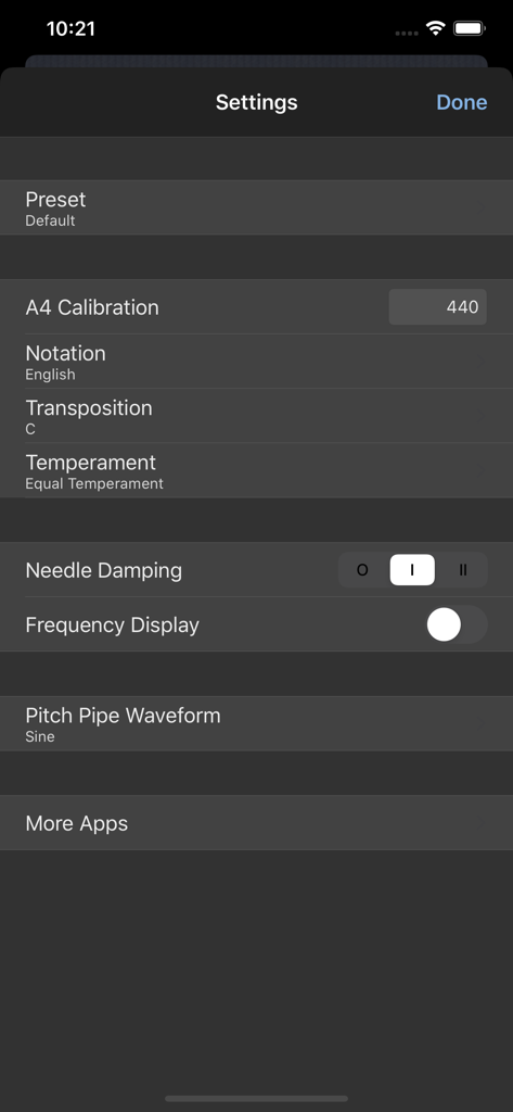 Cleartune - Cleartune app settings menu showing professional tuning options like A4 calibration and temperament