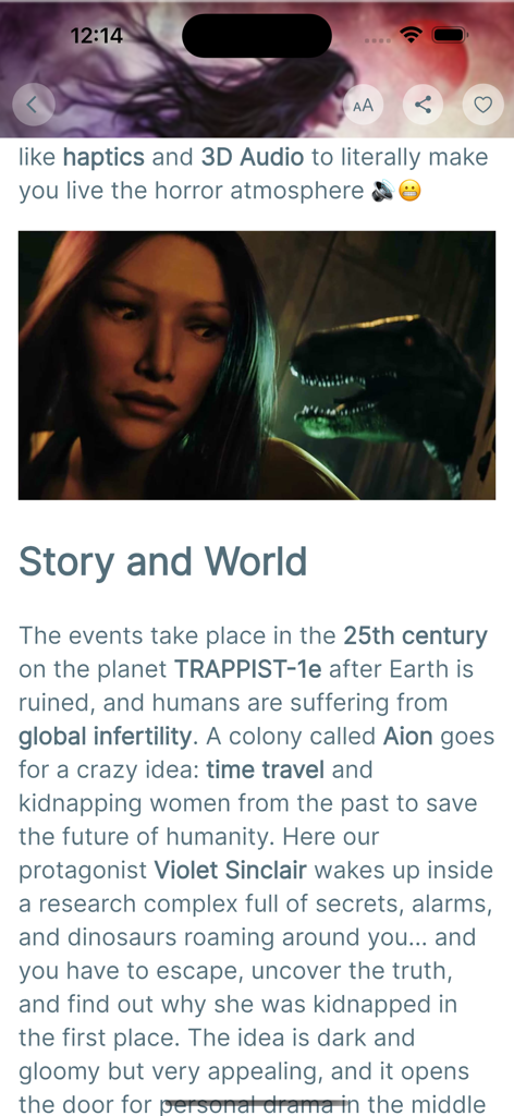 Gamezawy Magazine - Una captura de pantalla de la aplicación Gamezawy Magazine mostrando una sección de reseña de videojuegos titulada Historia y Mundo con una ilustración de personaje y dinosaurio