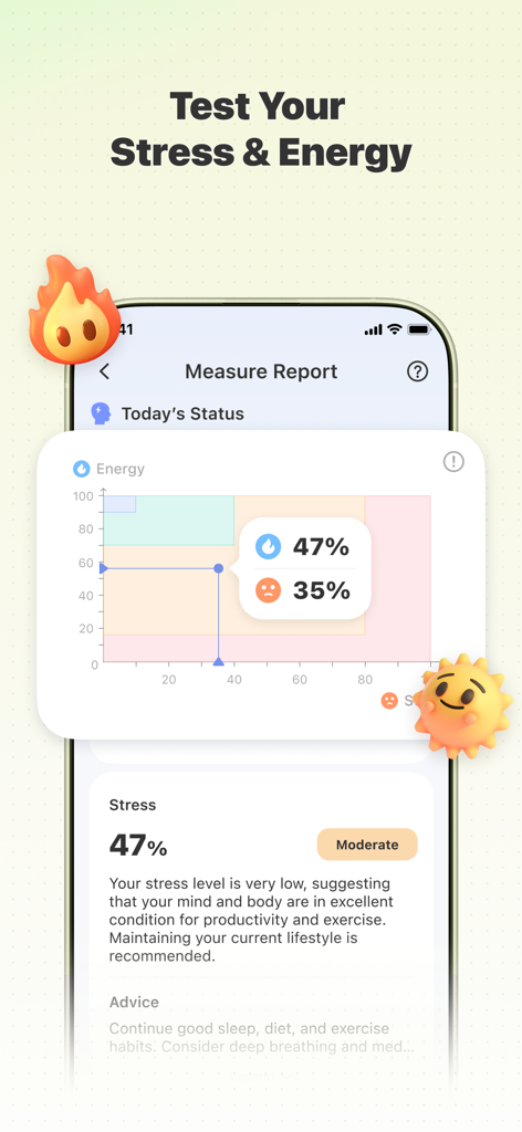 Health Partner app screenshot showing stress and energy measurement report with graphs and AI insights.