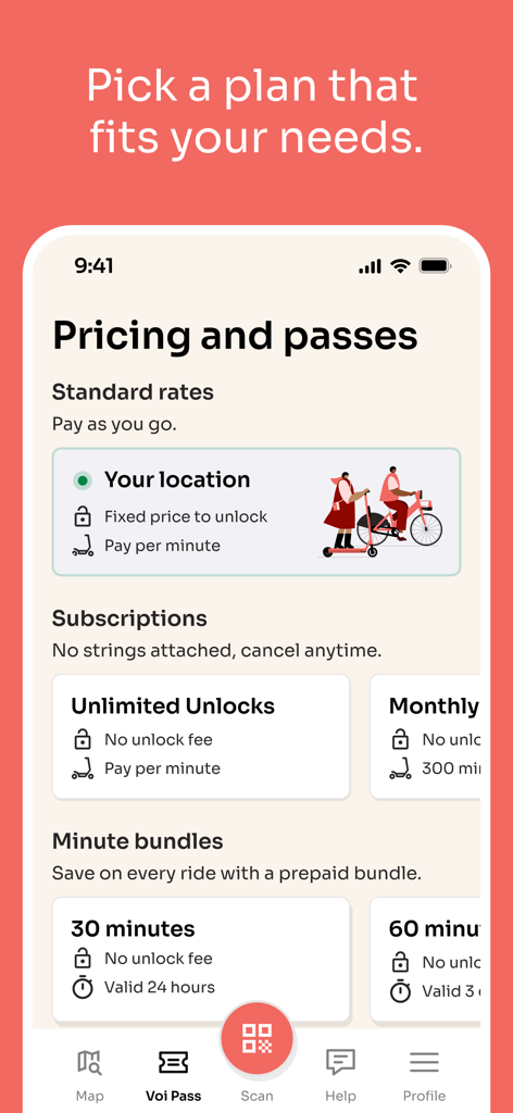 Voi app screen showing pricing and subscription plans for electric scooters and bikes