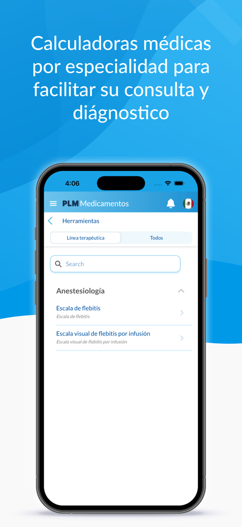 PLM Medicamentos - Interfaz de la aplicación móvil PLM Medicamentos mostrando una lista de calculadoras médicas para la especialidad de anestesiología