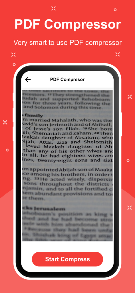 PDF Compressor : Compress PDF - Smartphone screen displaying the PDF Compressor app with a document preview and a Start Compress button.