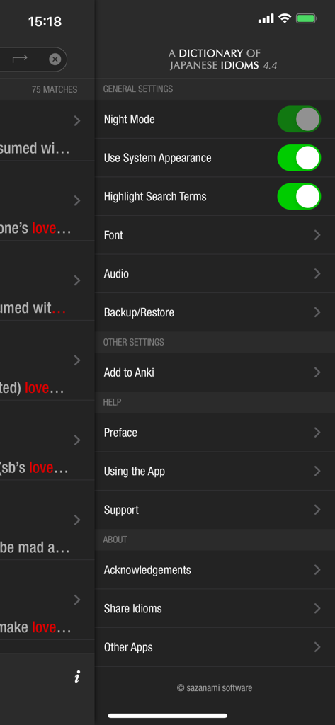 Menú de configuración de la aplicación de modismos japoneses que muestra el modo nocturno y las opciones de integración con Anki