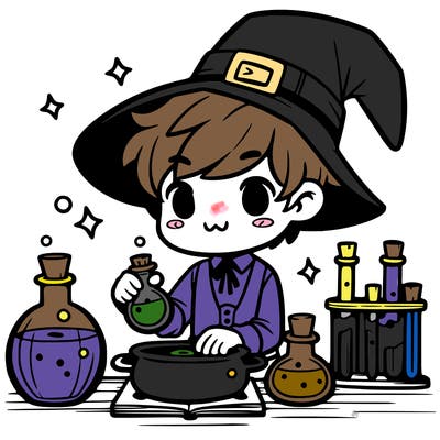 cute witch boy preparing potions