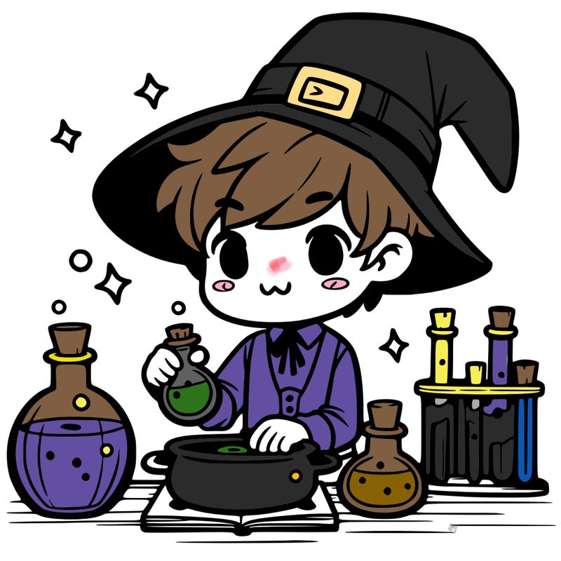 cute witch boy preparing potions