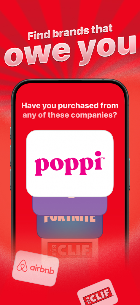 Claim - Make Them Pay - PoppiやAirbnbなどのブランドロゴと「あなたに請求するブランドを見つける」という見出しが表示されたClaimアプリのスマートフォン画面。