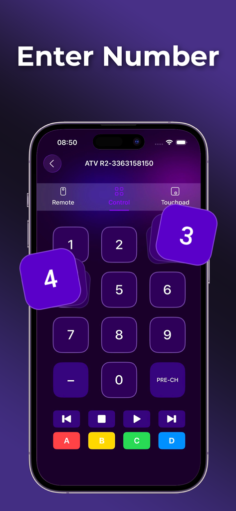 TV Remote for All TV - Pantalla de smartphone mostrando un control remoto de TV digital con teclado numérico y botones de reproducción