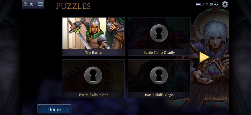 The puzzle selection screen in Eternal Card Game showing various battle skill challenges and tutorials