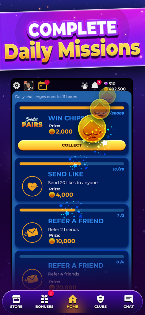 Daily missions screen in VIP Spades showing rewards for winning chips and sending likes