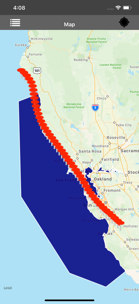 Interface d'application mobile montrant des repères rouges et un polygone bleu sur une carte de la côte californienne.