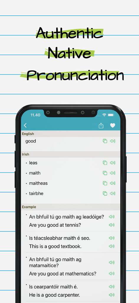 Interface of Irish English Dictionary app showing translations and pronunciation audio icons