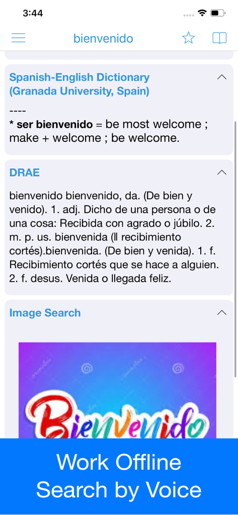 Spanish Dictionary - Dict Box - Spanish Dictionary Dict Box app screen showing the translation and image search for the word bienvenido