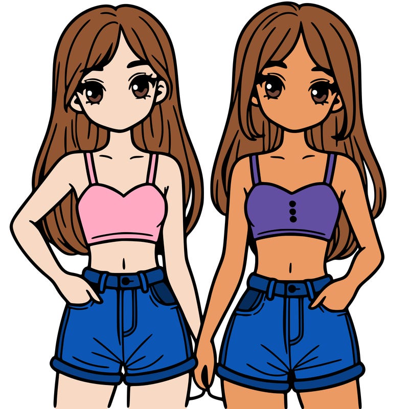 two sisters with crop tops and jean shorts and straight hair