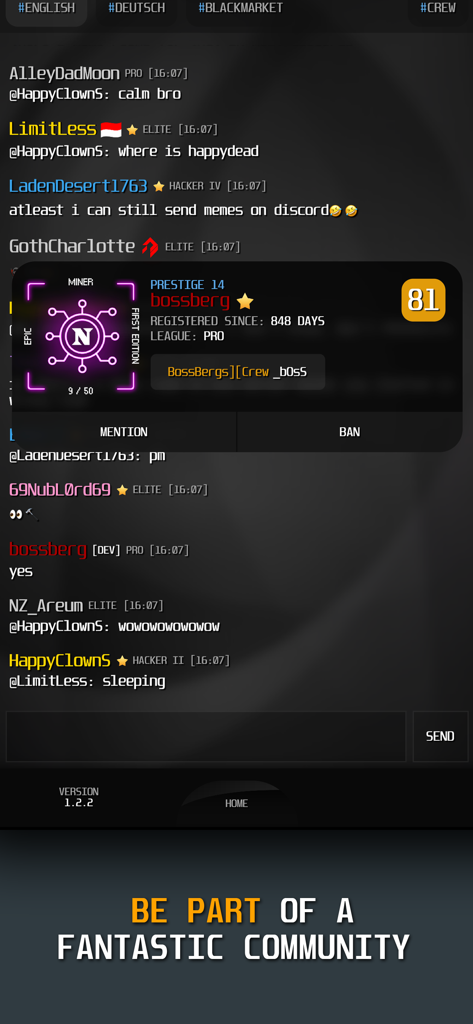 vHack Revolutions: Hacker Game - In-game global chat and player profile interface in vHack Revolutions.