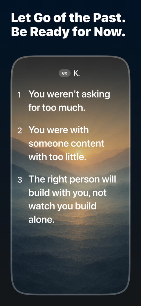 Eden AI: Your Dating Coach - Eden AI dating coach app screen displaying motivational advice for moving on from a past relationship over a scenic mountain sunset background.