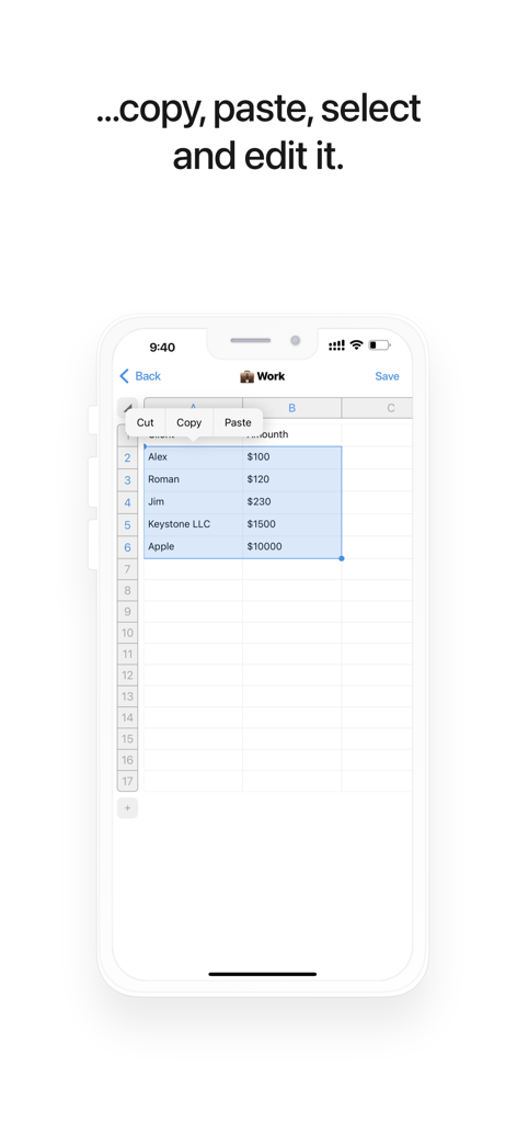 Tables. Just tables. - クライアントと金額の列を持つシンプルなテーブルと、コピー、カット、ペーストのポップアップメニューを示すモバイルアプリインターフェース。