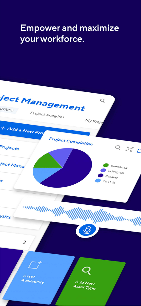 Interface mobile TrackVia affichant des analyses de complétion de projet et un tableau de bord de gestion des actifs
