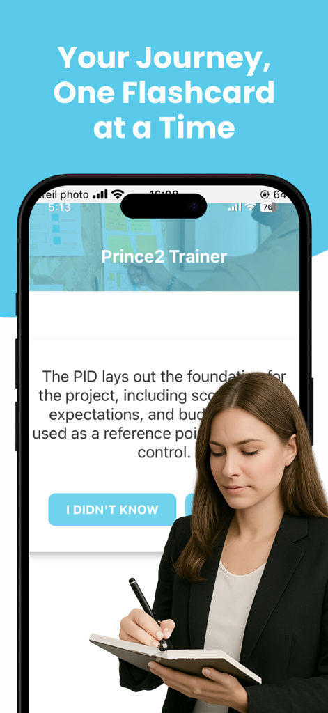 A professional woman studying for her certification using the Prince2 Trainer Pro app flashcards