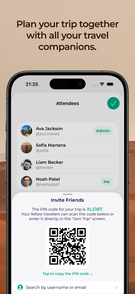 Lambus | Travel Planner - Tela do aplicativo móvel mostrando uma lista de participantes da viagem e um código QR para convidar amigos para se juntarem a uma jornada.