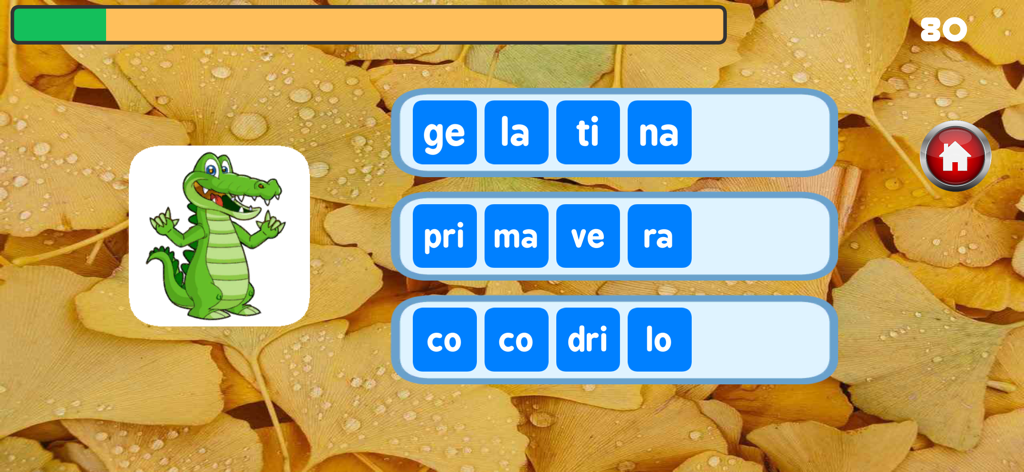 Sílabas y palabras Pro - Interfaz de un juego educativo que muestra la ilustración de un cocodrilo y palabras en español divididas en sílabas para aprender