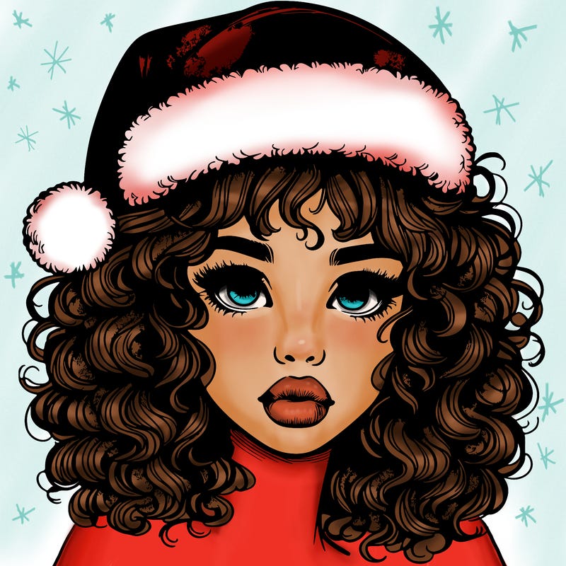realistic girl with a santa hat curly hair and lips