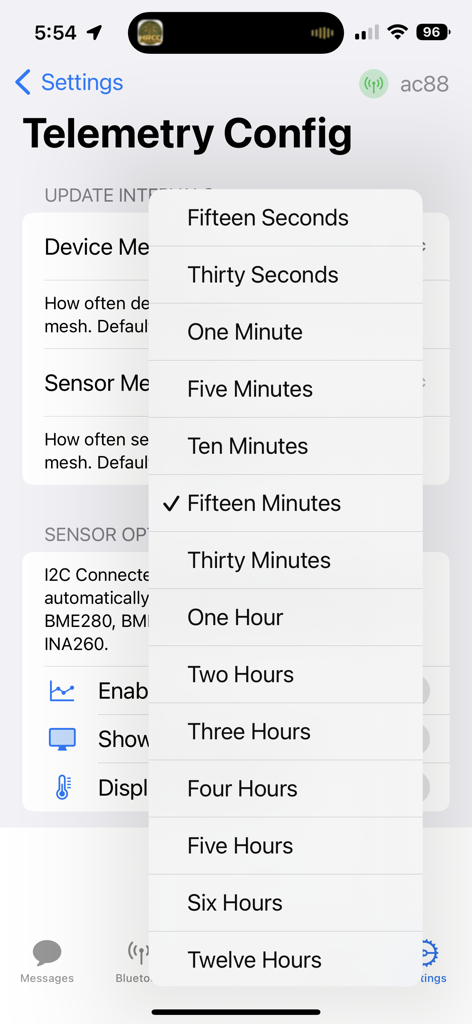 Telemetrie-Konfigurationsmenü in der Meshtastic App zur Auswahl von Geräte- und Sensor-Update-Intervallen