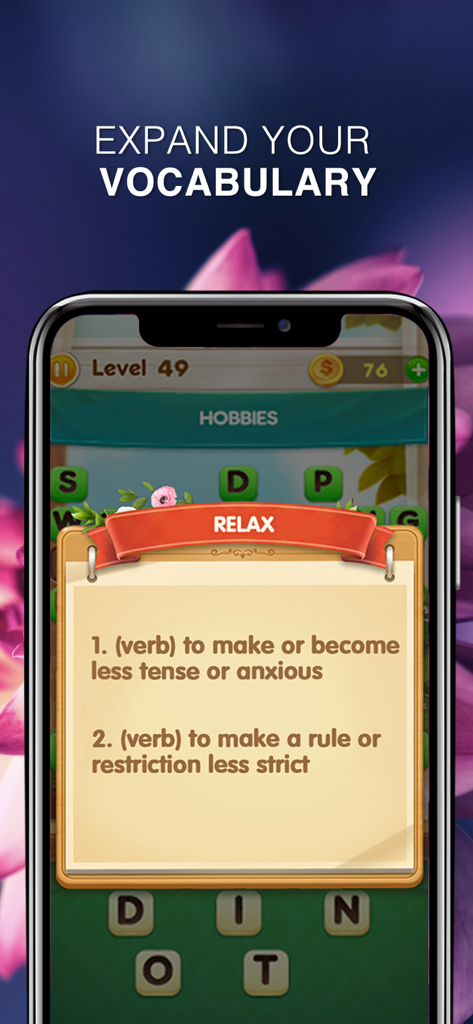 Word Free Time - Word Free Time crossword game screen showing a vocabulary definition for the word relax.