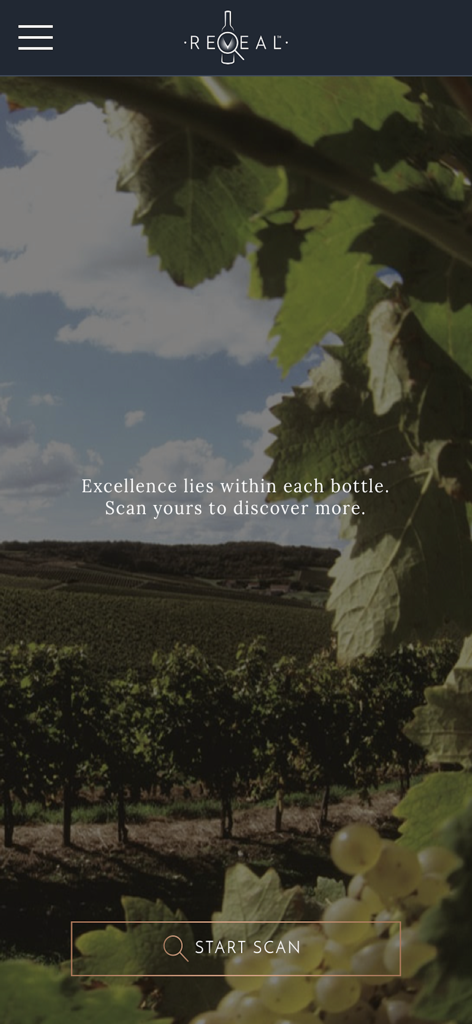 Hennessy Reveal App - The home screen of the Hennessy Reveal App showing a vineyard background and a button to start scanning bottles for authenticity verification.