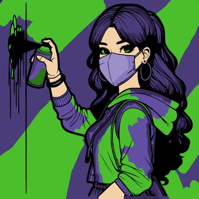 realistic girl with mask spray painting a wall