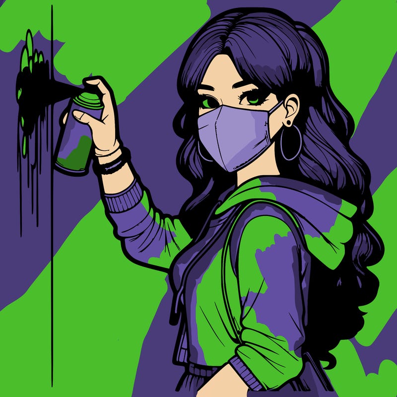 realistic girl with mask spray painting a wall