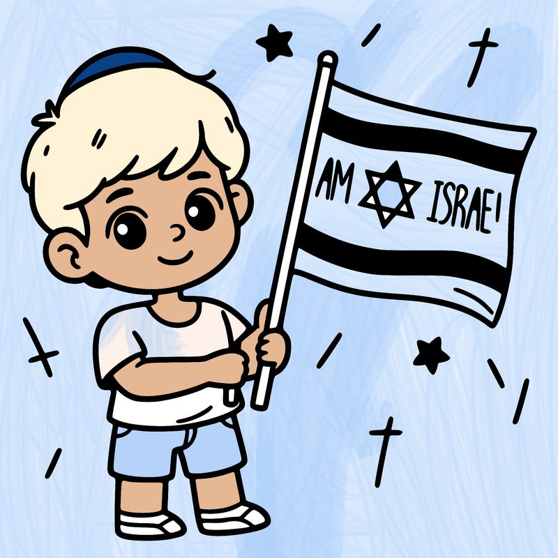 a boy holding a israel flag saying am israel chai