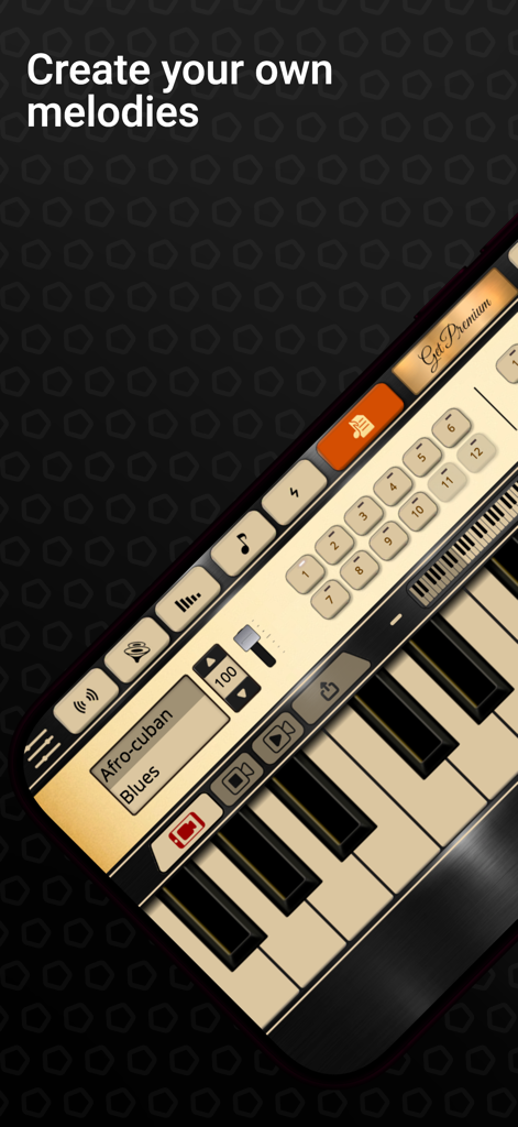 Harmonica Sim - Harmonica Sim app interface showing a digital musical instrument with recording controls and piano keys