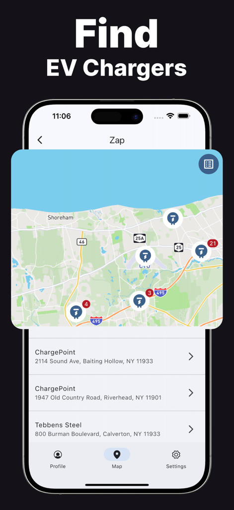 Interfaz de la aplicación Zap que muestra ubicaciones de estaciones de carga de vehículos eléctricos en un mapa
