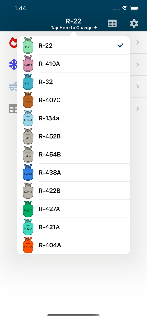Dropdown menu in the HVACR Check and Charge app displaying various refrigerant options with color coded icons