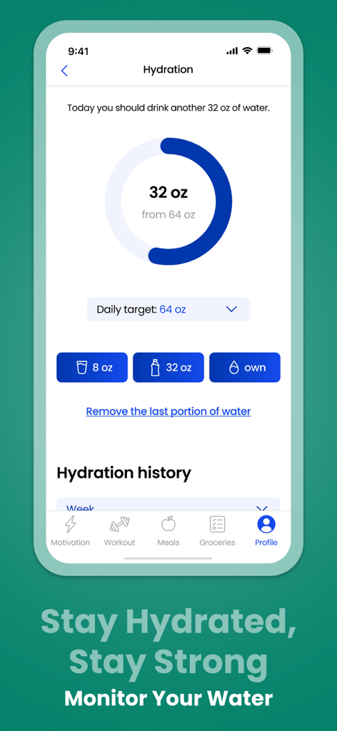 ML.Fitness Workout For Women - Hydration tracker screen in the ML Fitness app showing progress toward a daily water intake goal.