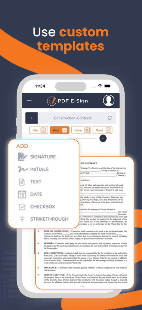 PDFEsign.com PDF E-Sign - Interfaz de plantilla de contrato de construcción personalizada en un dispositivo móvil que muestra opciones para añadir firmas e iniciales