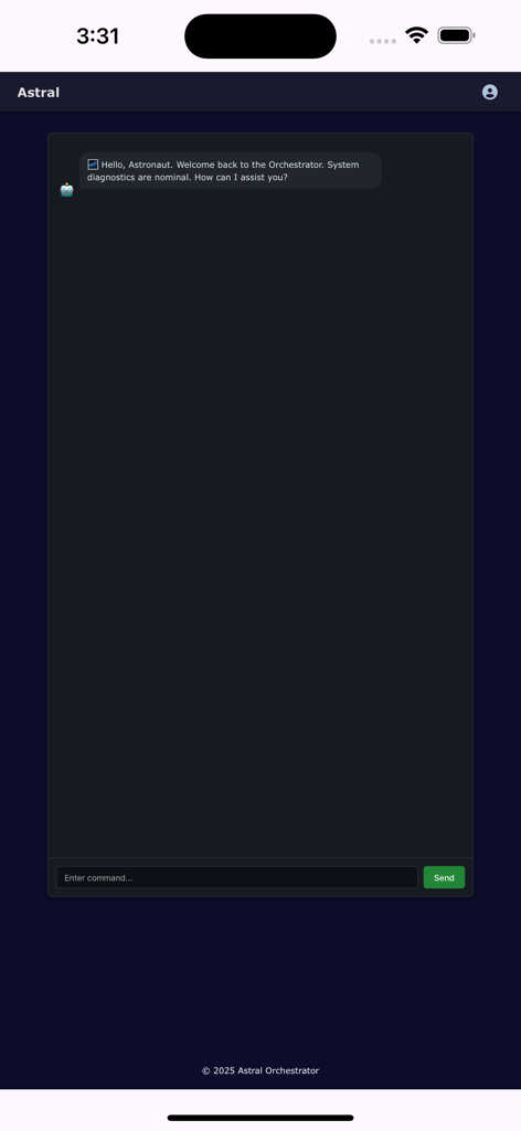 Astral AI - Interface de chat mobile de l'application Astral AI montrant le message de bienvenue de l'orchestrateur