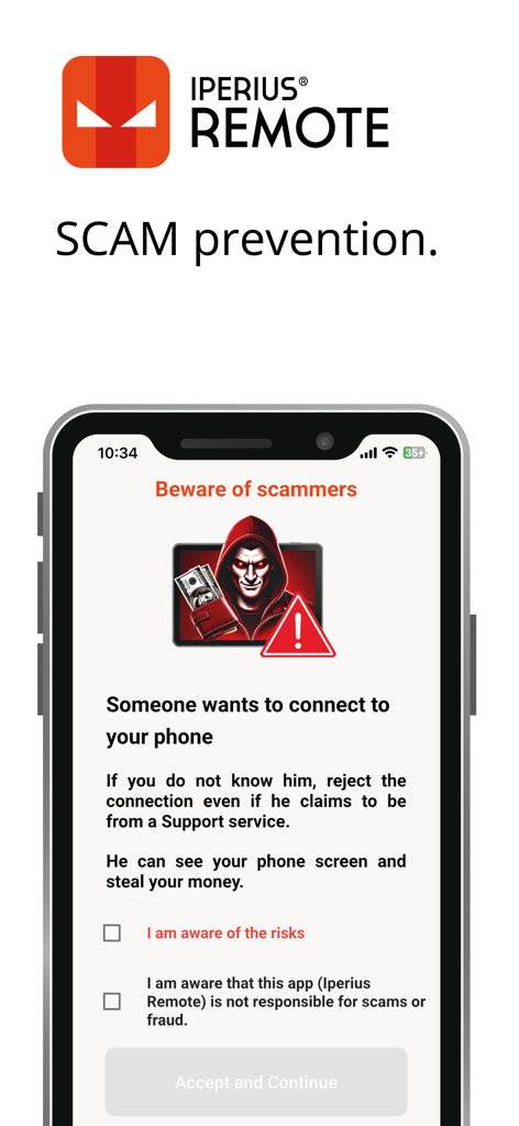 Iperius Remote Desktop - Security warning screen for scam prevention in the Iperius Remote app