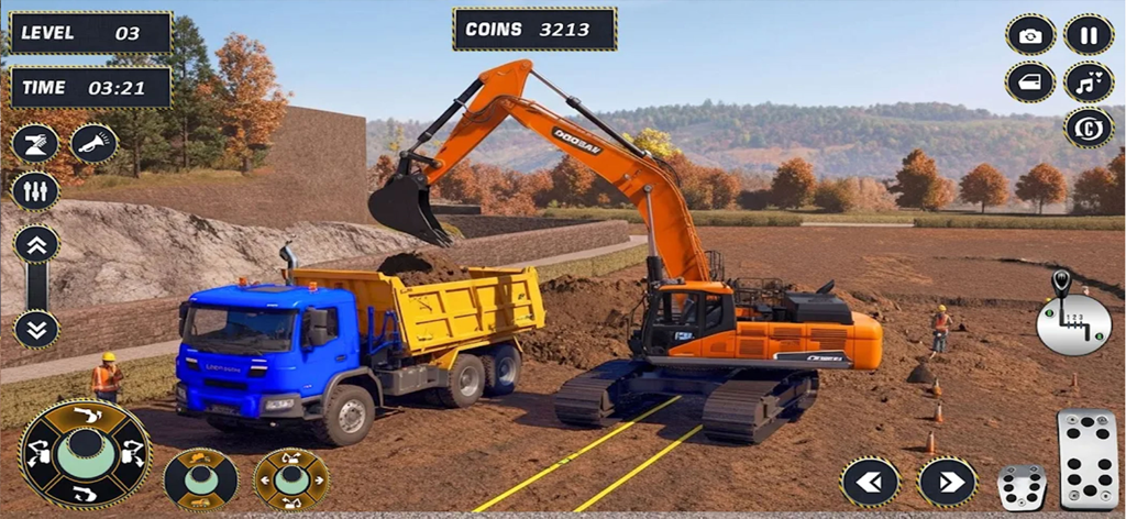 City Road Construction Offline - An orange excavator loading soil into a blue dump truck in a city road construction simulator game.