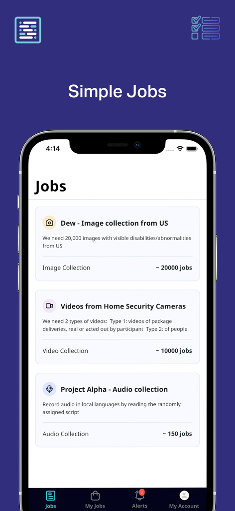 Shaip Work - Mobile app interface of Shaip Work showing a list of available micro-tasks for image, video, and audio collection to earn money.