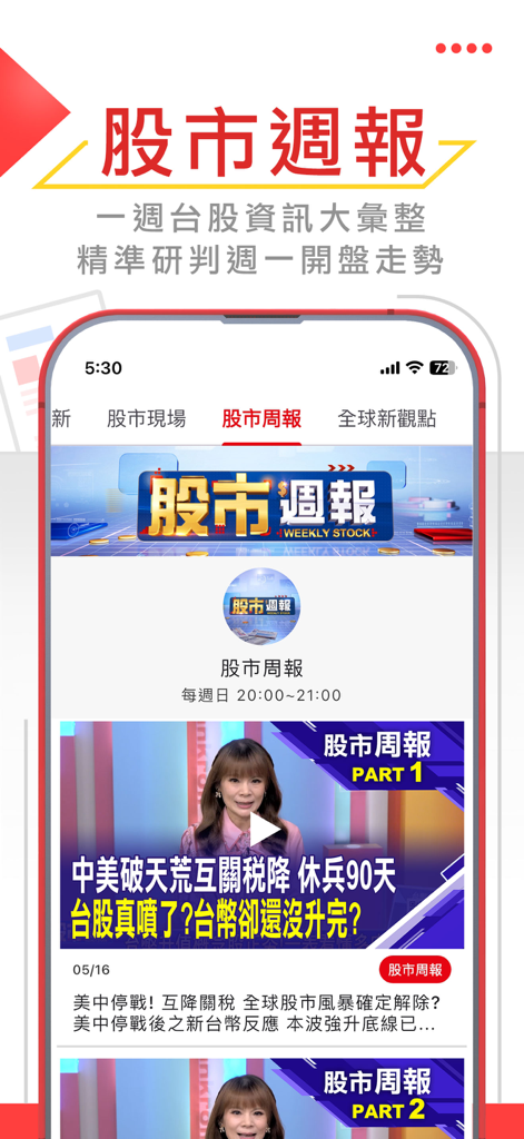 Screenshot of the Weekly Stock Report section in the Unique Business News app featuring financial analysis videos and market predictions.