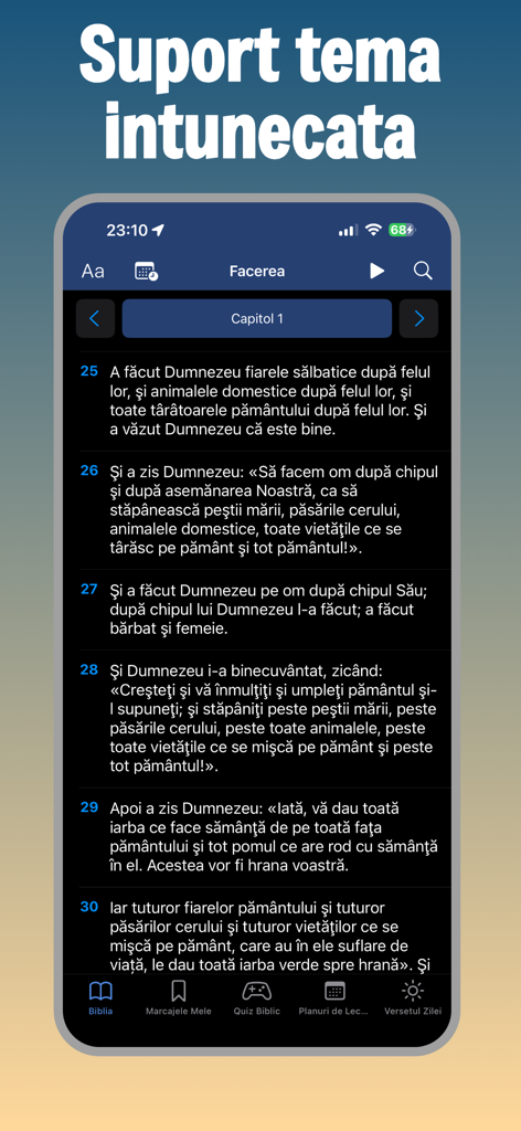 Biblia Ortodoxă în Română - Interfaz de la aplicación Biblia Ortodoxa Rumana con soporte para el modo oscuro